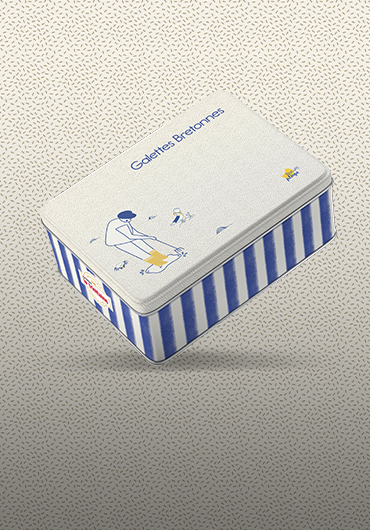 La trinitaine, biscuits à la plage. Boite de galettes bretonne. Projet réalisé par Lunéa Studio, agence graphique à Rennes et Brest