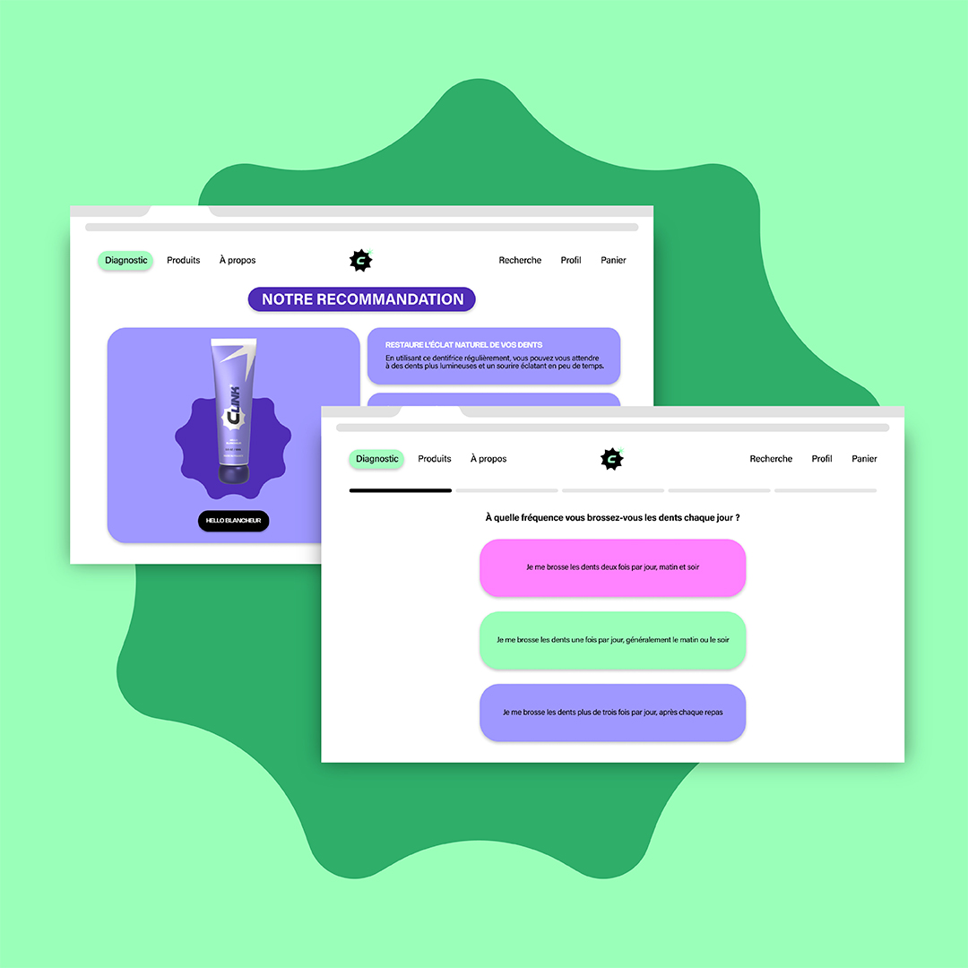Clink est une marque de dentifrice interactive offrant des produits colorés et une application mobile pour suivre l'hygiène bucco-dentaire. Projet créé par Lunéa Studio agence graphique pour la santé, le bien-être et la cosmétique. Identité visuelle, packaging, webdesign, site, application.