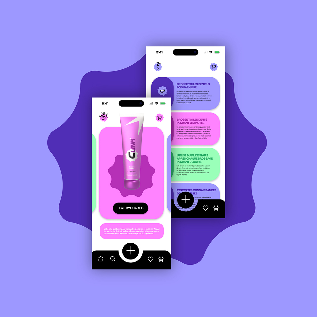 Clink est une marque de dentifrice interactive offrant des produits colorés et une application mobile pour suivre l'hygiène bucco-dentaire. Projet créé par Lunéa Studio agence graphique pour la santé, le bien-être et la cosmétique. Identité visuelle, packaging, webdesign, site, application.