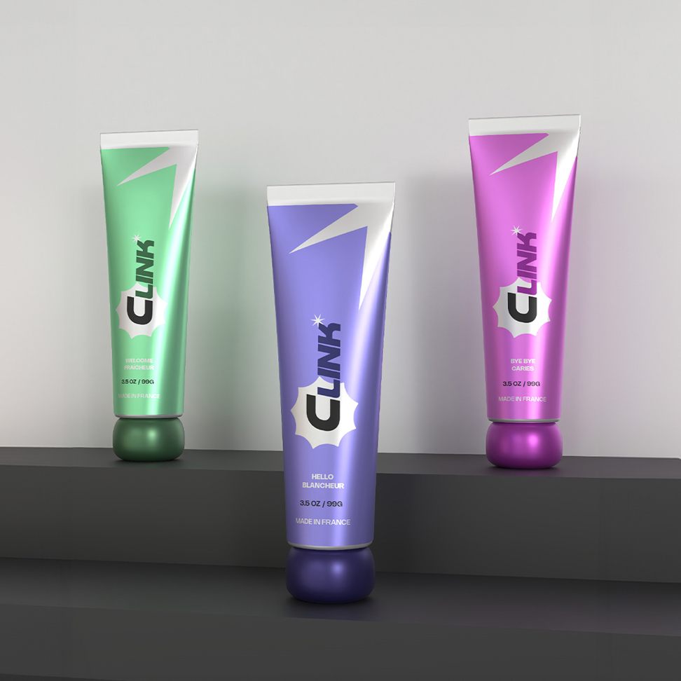 Clink est une marque de dentifrice interactive offrant des produits colorés et une application mobile pour suivre l'hygiène bucco-dentaire. Projet créé par Lunéa Studio agence graphique pour la santé, le bien-être et la cosmétique. Identité visuelle, packaging, webdesign, site, application.