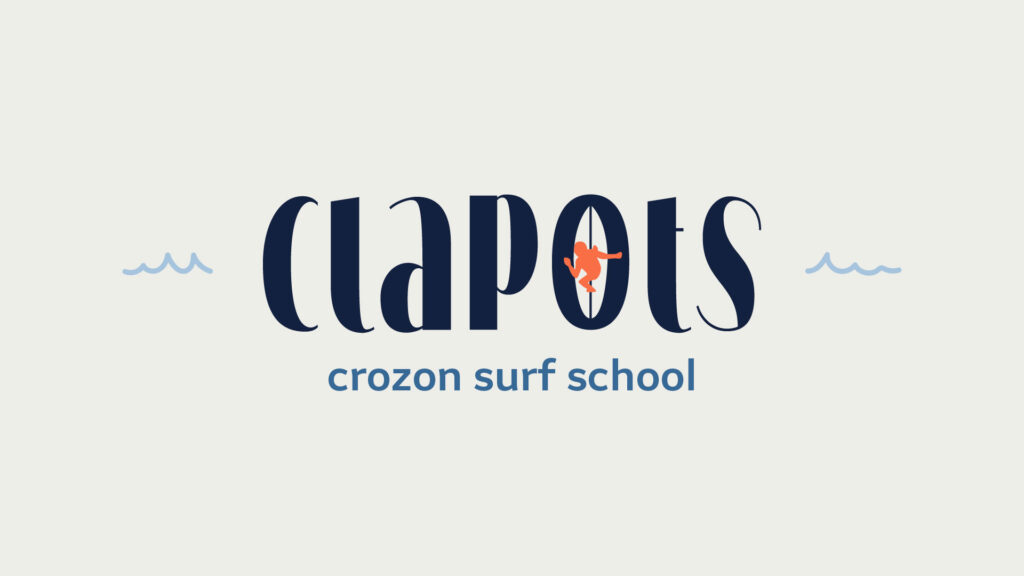 Découvrez la charte graphique de Clapots, école de surf à Crozon. Création de logo, motifs illustratifs et palette de couleurs inspirés par l’univers du surf débutant.